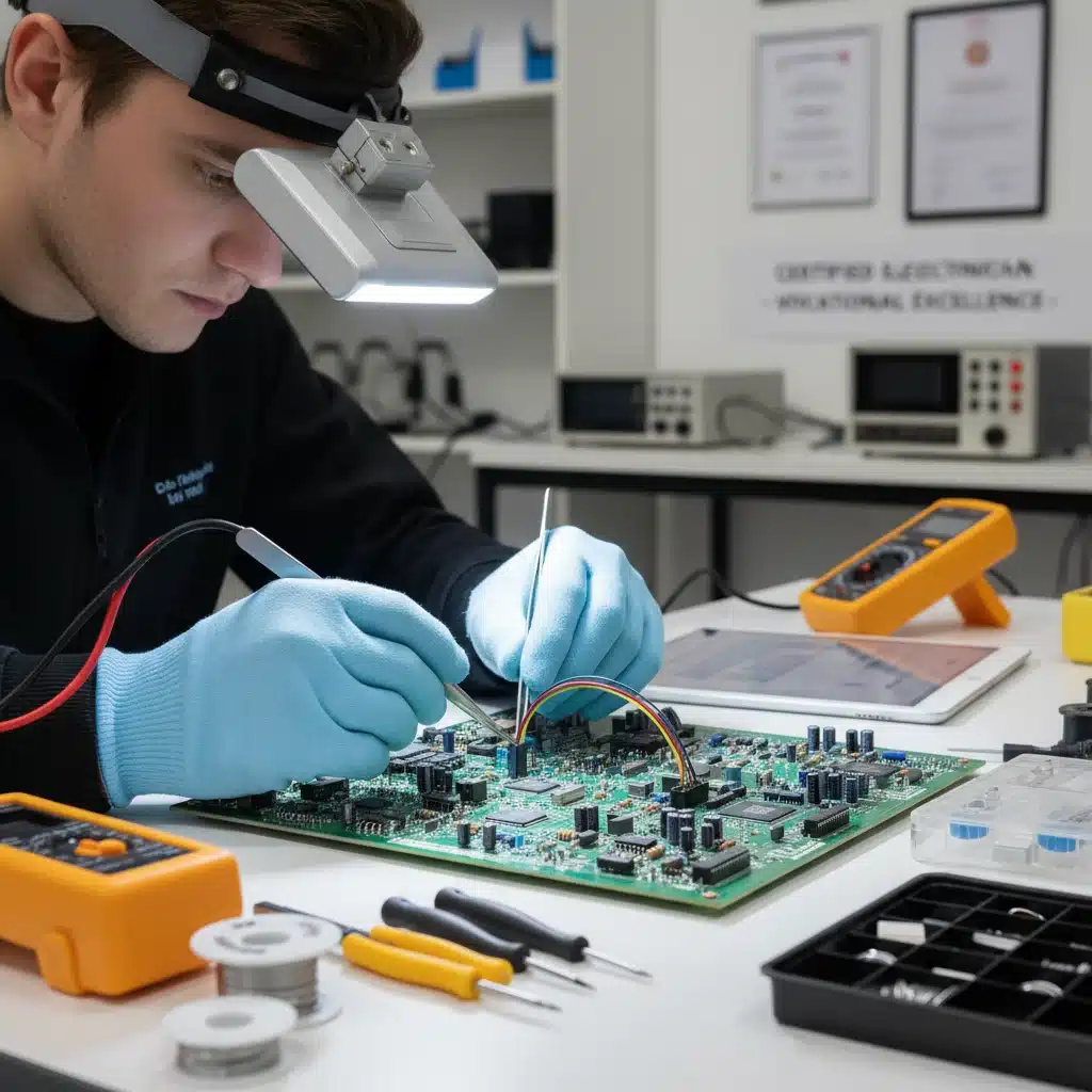 Manos expertas trabajando en un circuito electrónico, reflejando las habilidades técnicas de la FP.