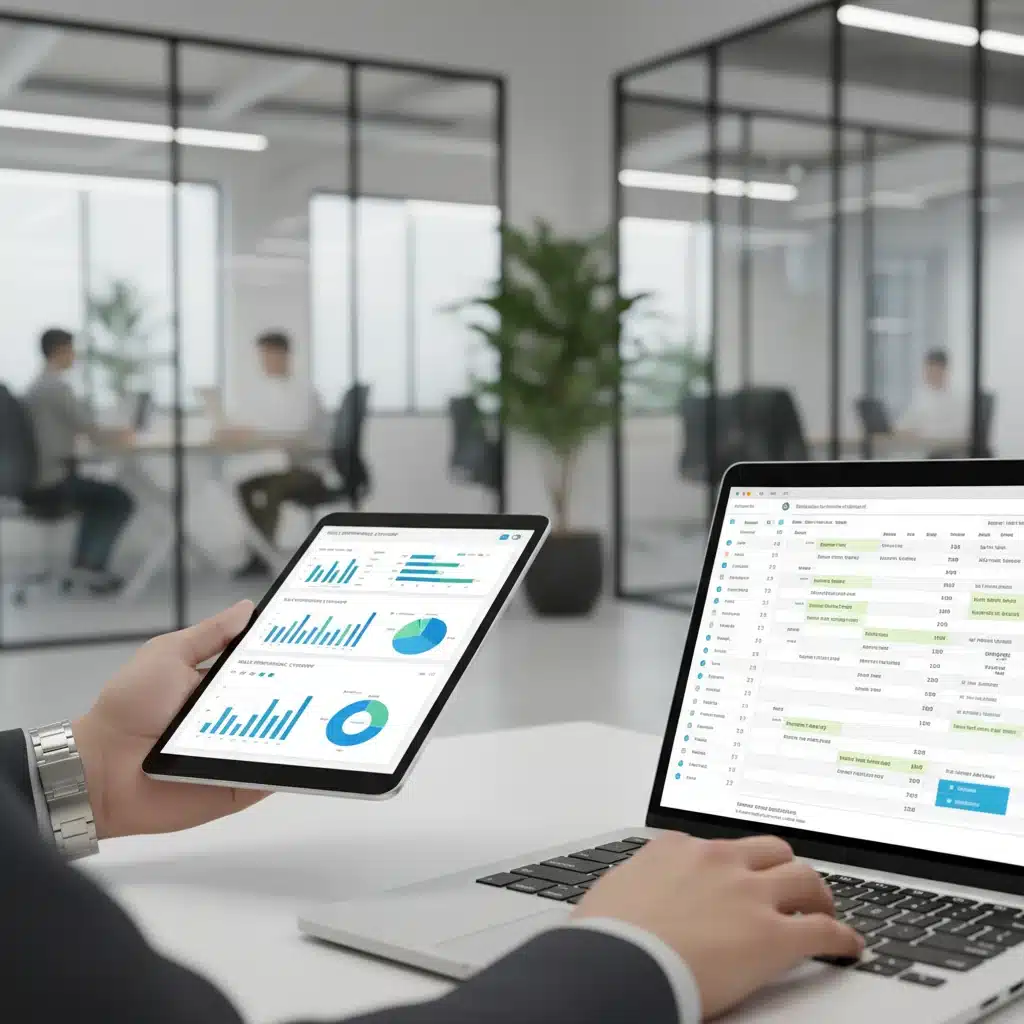 Manos trabajando en tablet y portátil con aplicaciones de negocio y análisis de datos, representando la implementación de herramientas digitales en PYMES.