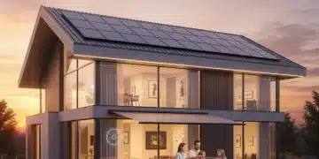 Hogar moderno con paneles solares y dispositivos inteligentes, simbolizando el ahorro energético en el hogar.