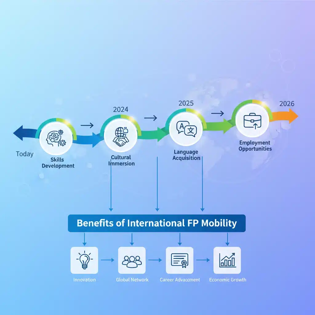 Infografía de beneficios y cronograma de la movilidad FP en Europa hasta 2026, destacando desarrollo de habilidades.