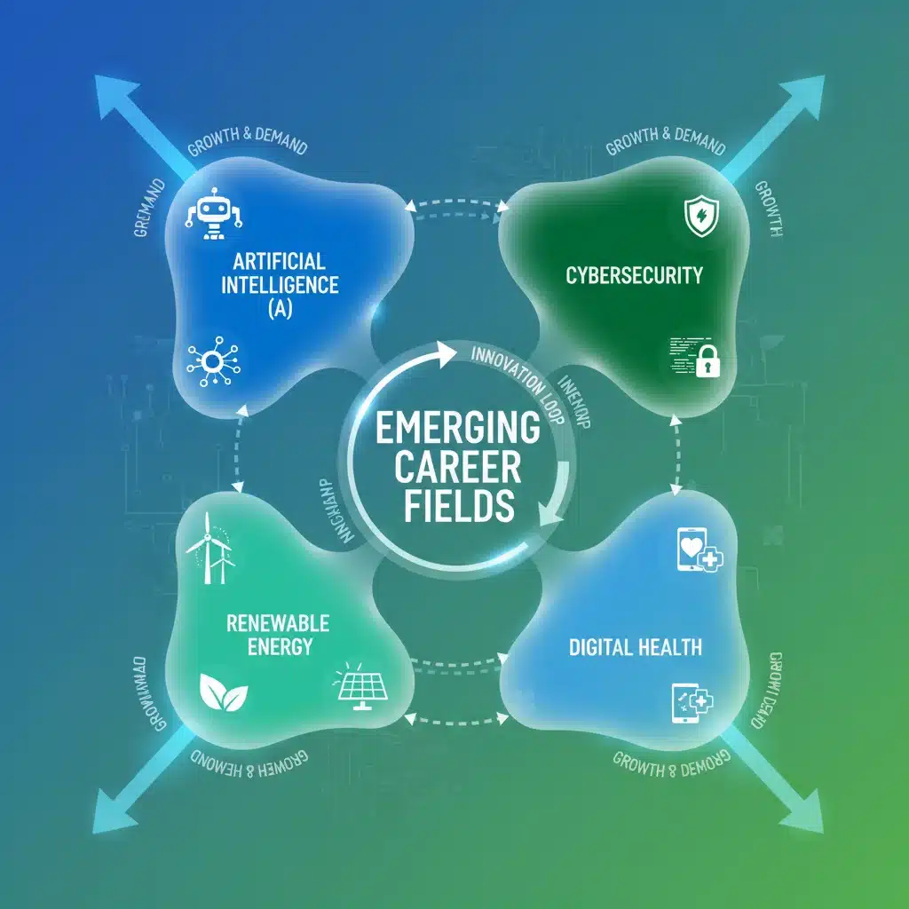 Infografía de campos laborales emergentes y su interconexión en el futuro.