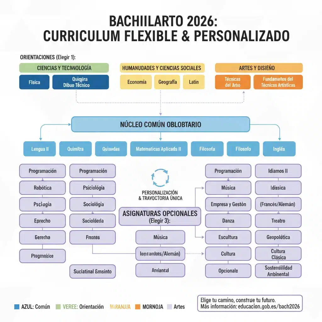 Infografía detallada del nuevo currículo del Bachillerato 2026 con asignaturas y modalidades