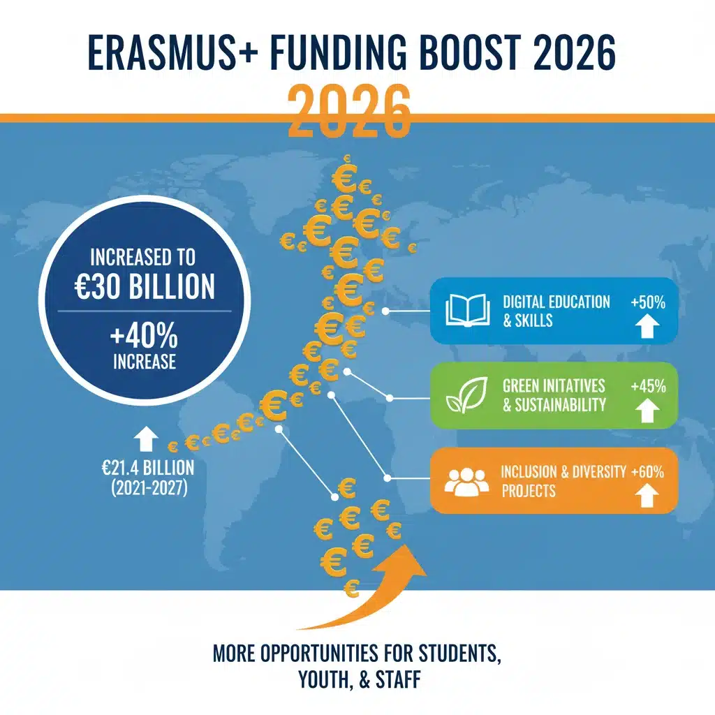 Infografía detallada sobre el aumento del 20% en fondos Erasmus+ para 2026 y áreas de inversión.