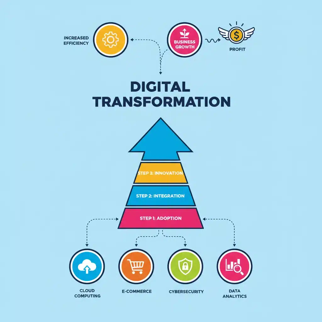 Infografía de transformación digital para PYMES con iconos de nube, comercio electrónico y ciberseguridad, mostrando el camino hacia el crecimiento y la eficiencia.