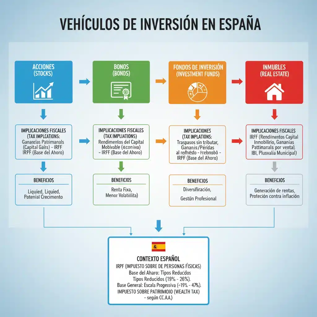 Infografía de vehículos de inversión y sus implicaciones fiscales en España.
