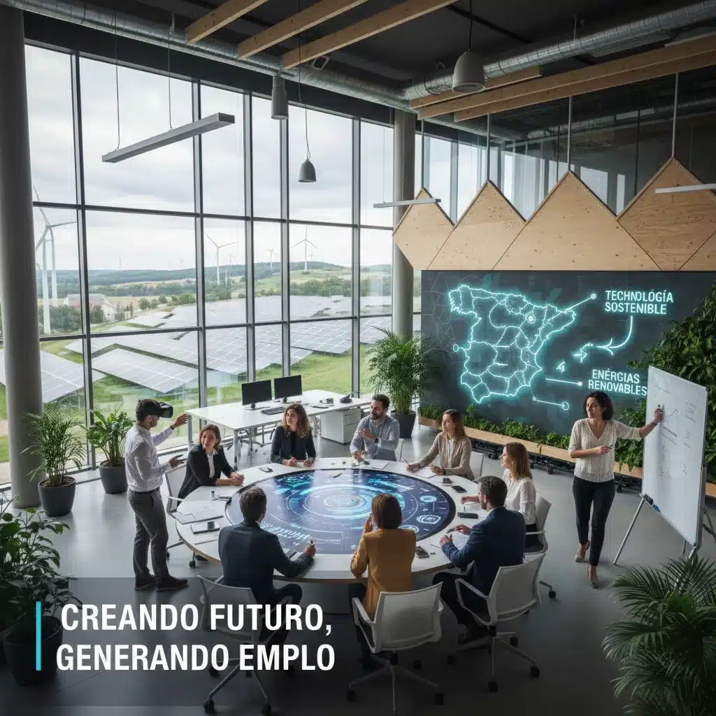 Profesionales colaborando en un entorno de trabajo moderno, simbolizando innovación y creación de empleo en España.