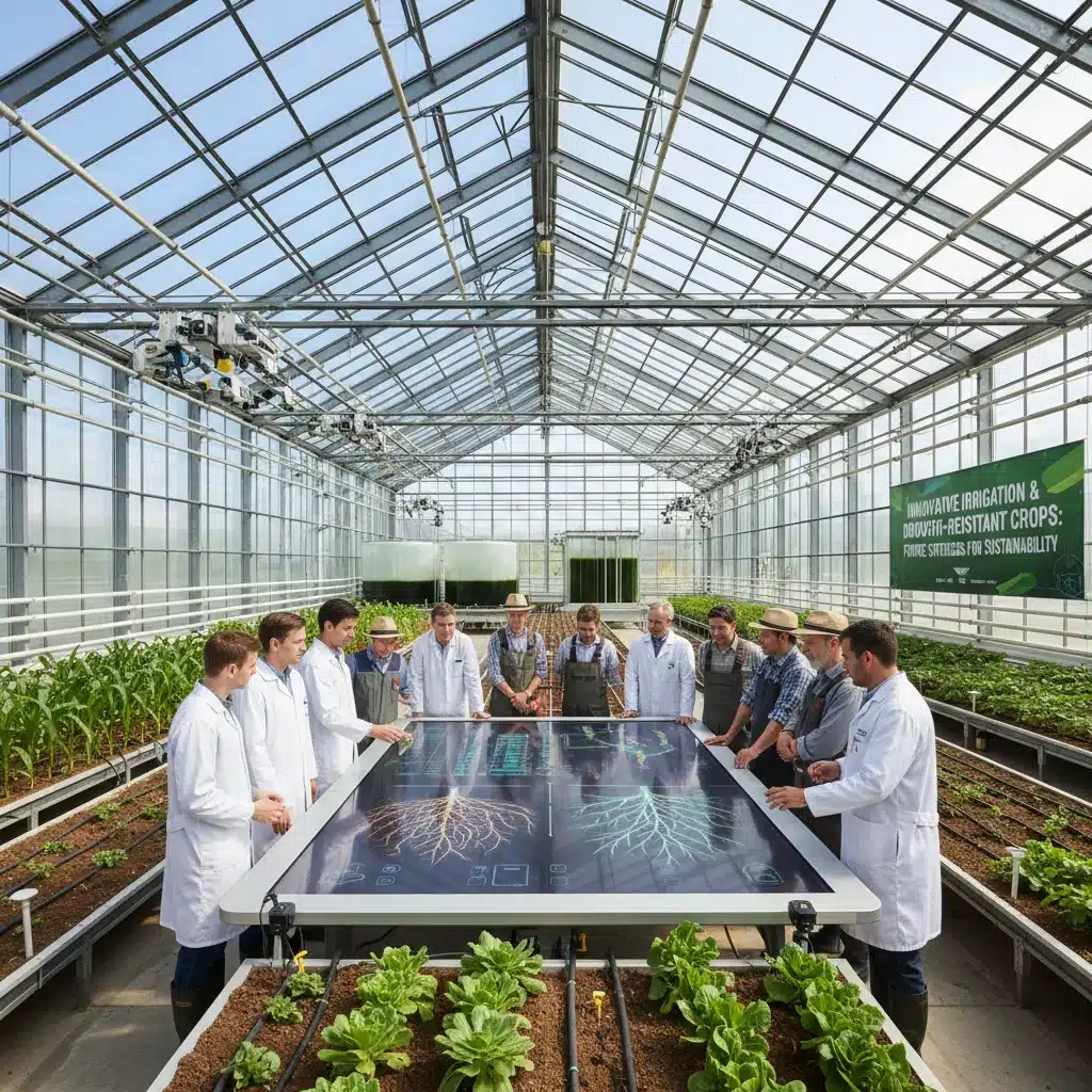 Agricultores y científicos debatiendo sobre técnicas de riego eficientes y cultivos resistentes a la sequía.