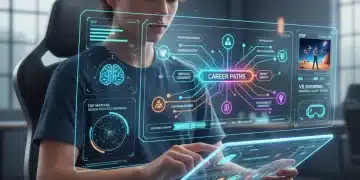 Joven interactuando con una interfaz digital futurista para orientación vocacional, mostrando diversas opciones de carrera y datos analíticos.