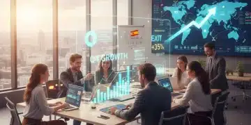 Profesionales colaborando en un entorno de startup, con gráficos financieros y una bandera española.