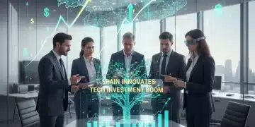 Profesionales colaborando en innovación y tecnología, reflejando el auge de las startups españolas y la inversión en el sector.