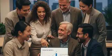 Grupo de inversores satisfechos analizando datos de crowdfunding inmobiliario en una tableta.