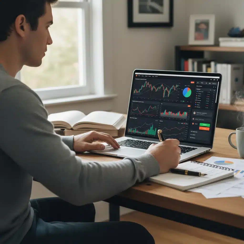 Persona investigando plataformas de inversión en un portátil, con gráficos financieros, representando análisis de mercado.