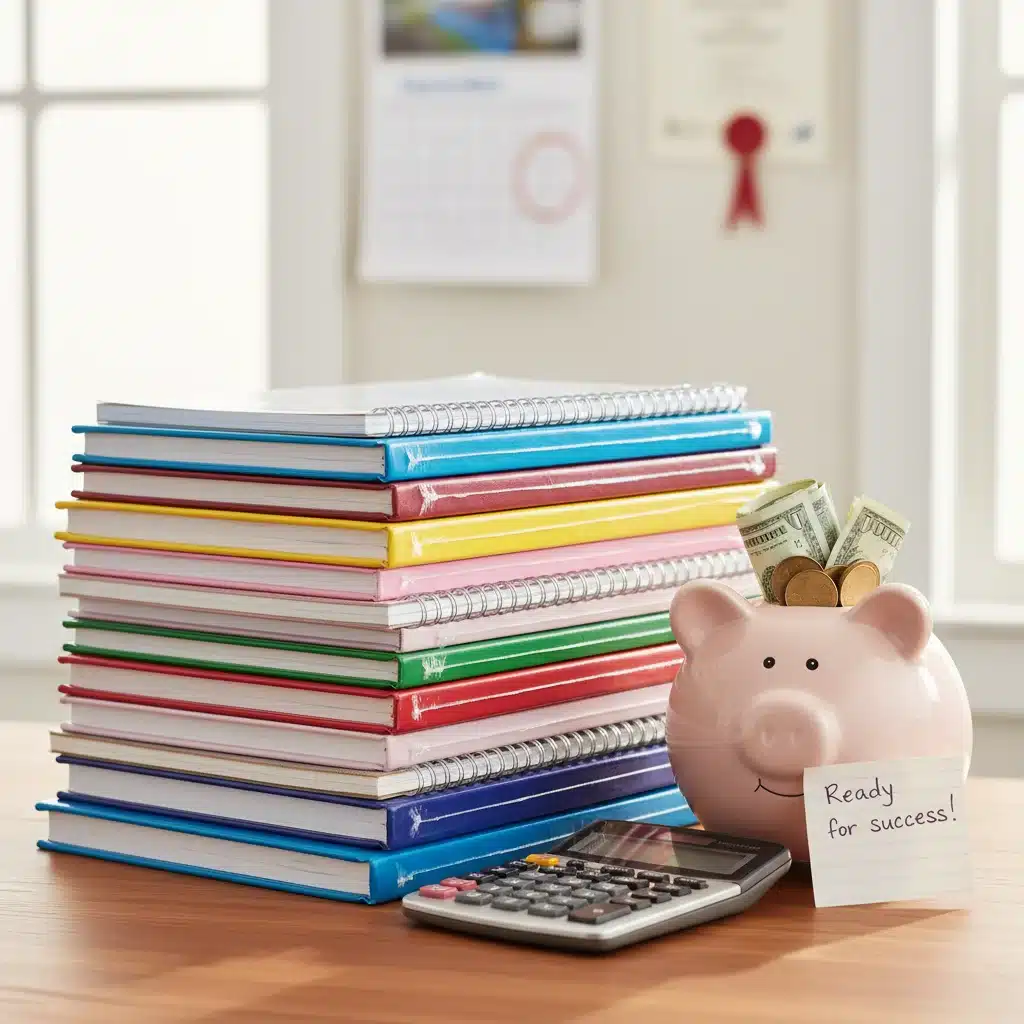 Pila de libros y material escolar nuevo, simbolizando el beneficio de las ayudas.