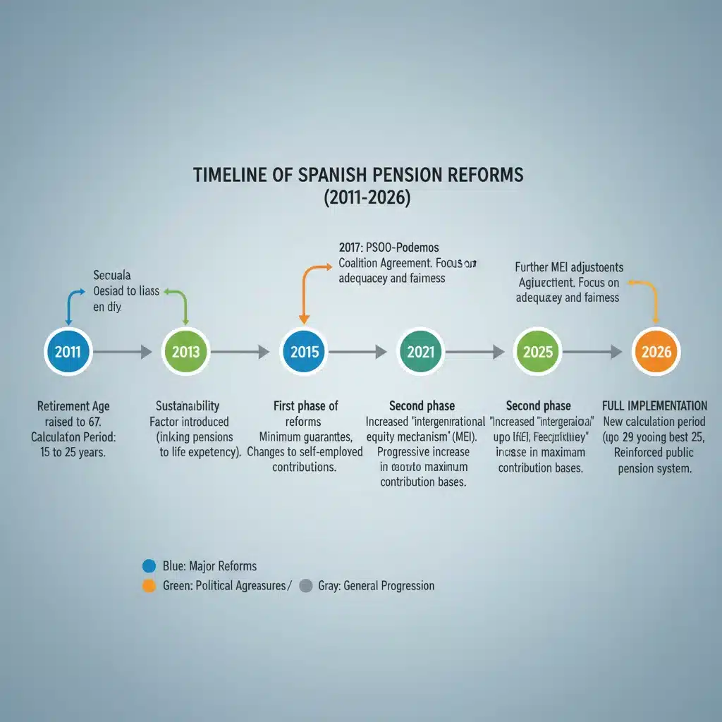 Infografía detallada mostrando la evolución de las reformas del sistema de pensiones en España hasta 2026, con hitos clave.