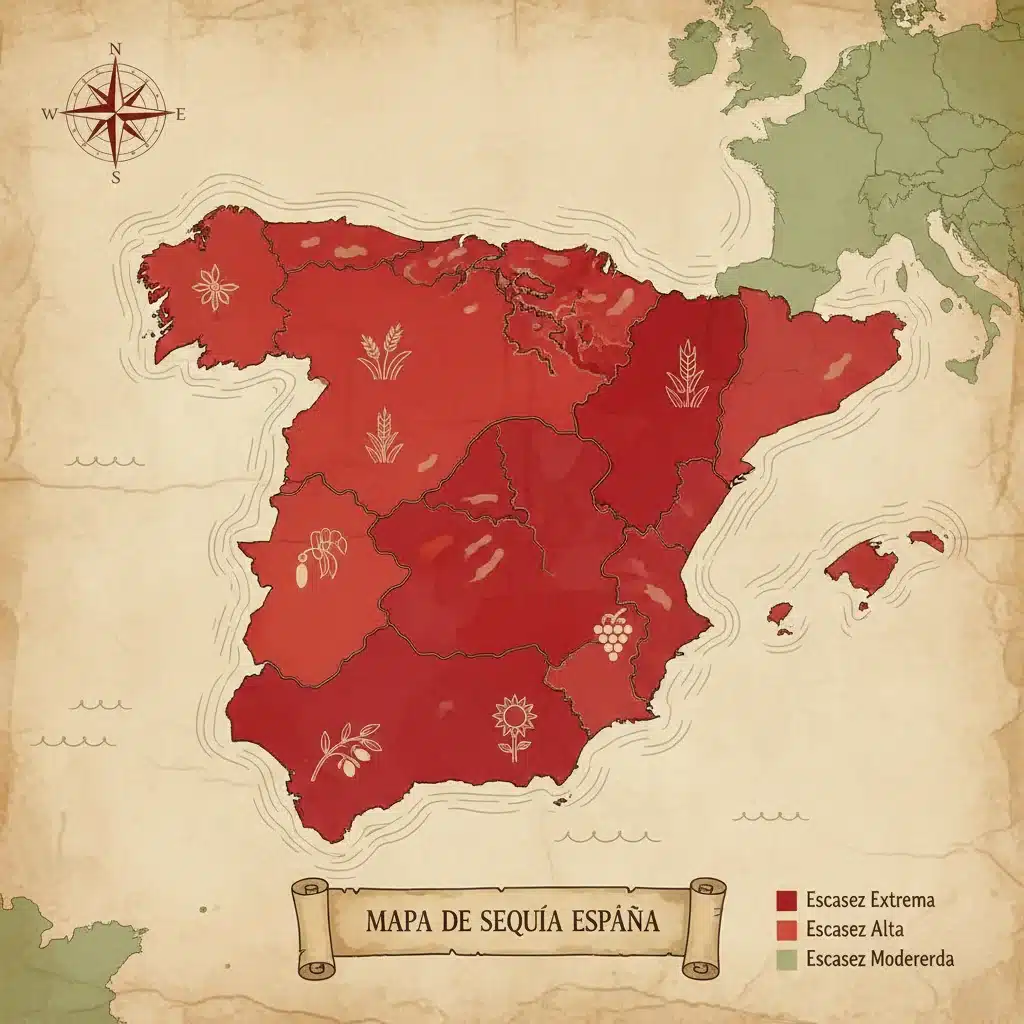 Mapa de España mostrando las regiones agrícolas más afectadas por la sequía y la escasez de agua.