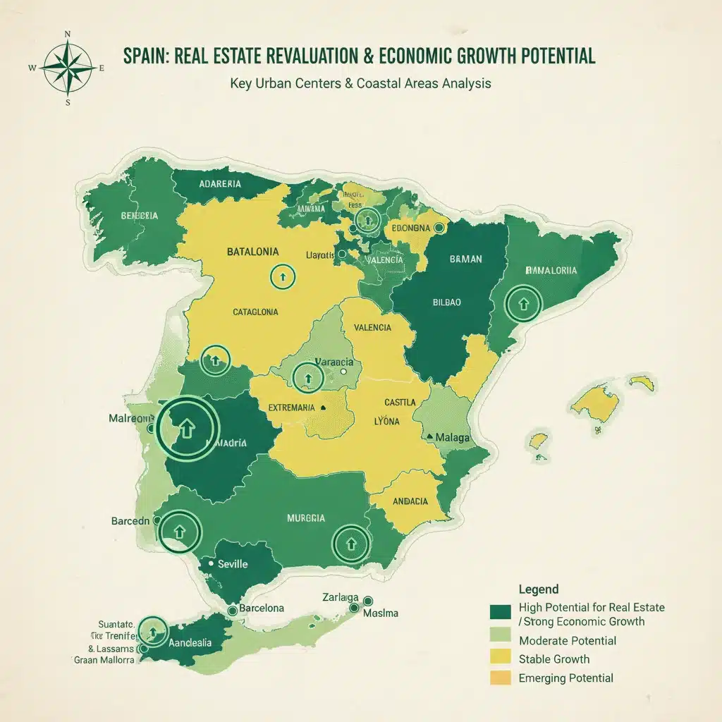 Mapa de España con regiones destacadas por su potencial de revalorización inmobiliaria.