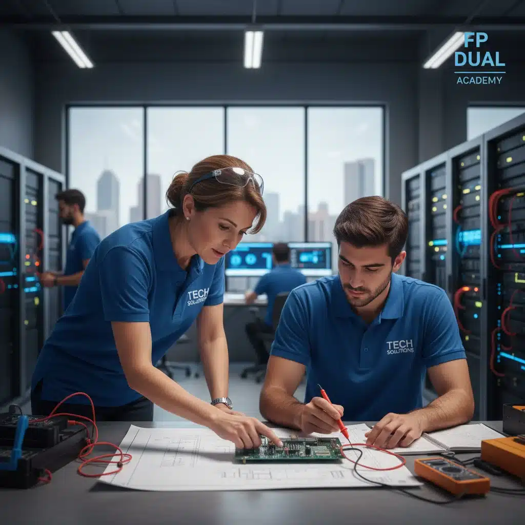 Mentor experimentado guiando a estudiante de FP Dual en una tarea técnica real.