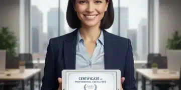 Mujer profesional sonriendo con certificado digital, simbolizando éxito laboral y formación.