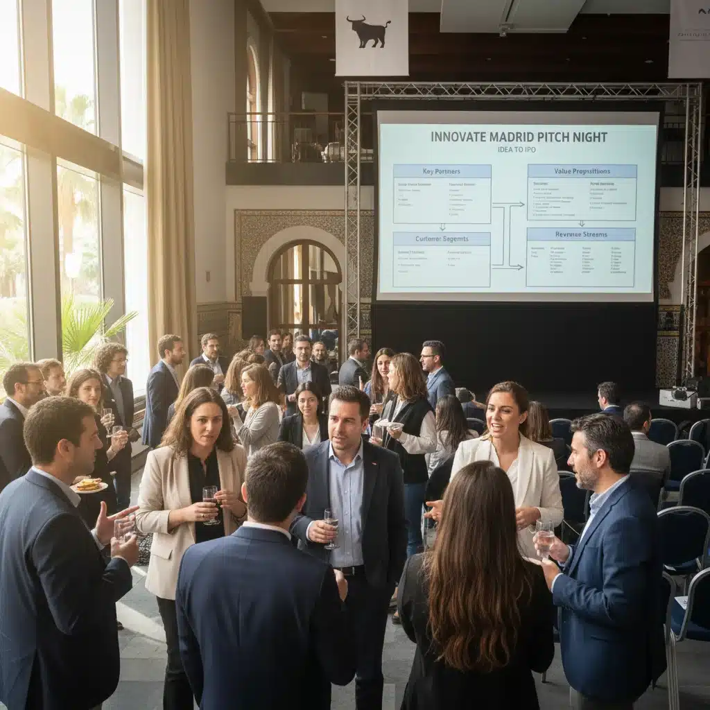 Inversores haciendo networking en un evento de startups en Madrid, buscando oportunidades de financiación.