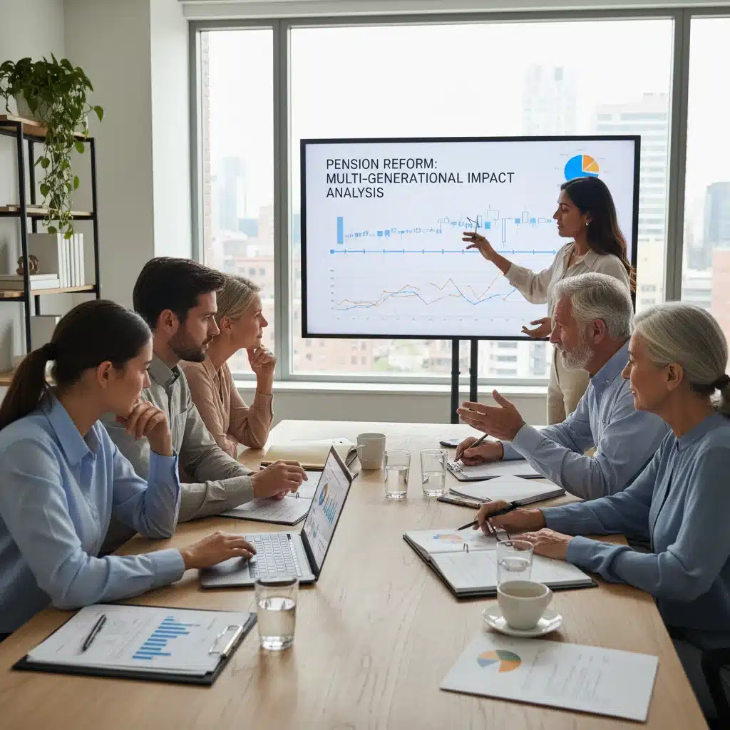 Personas de diferentes edades planificando su futuro financiero y de jubilación, con documentos y tecnología.