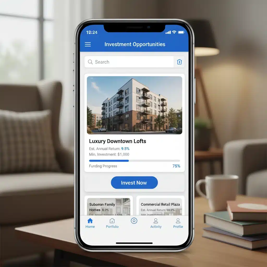 Interfaz de plataforma de crowdfunding inmobiliario en un smartphone, mostrando opciones de inversión.