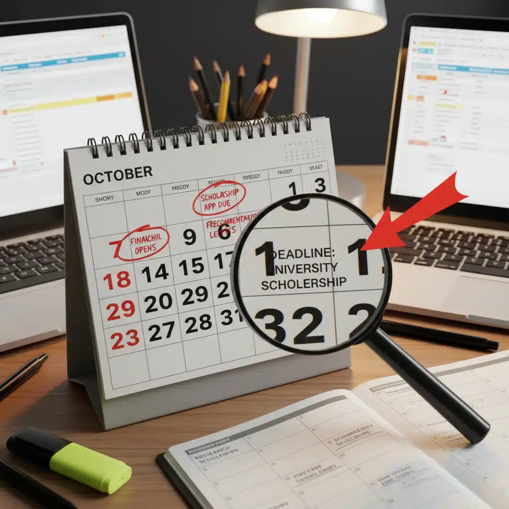Calendario con fechas importantes de becas resaltadas, mostrando la importancia de los plazos de solicitud.