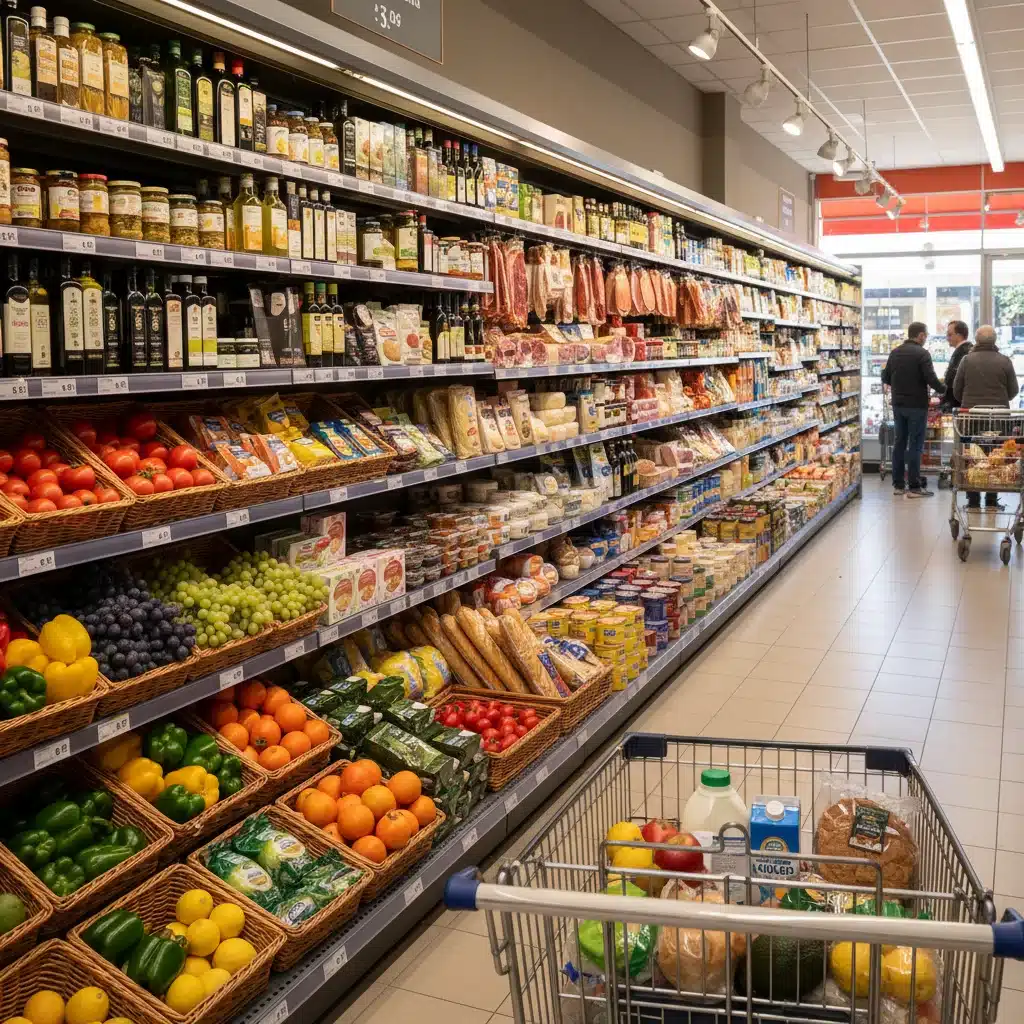 Estanterías de supermercado bien surtidas con productos básicos como frutas, verduras y pan, representando gastos de alimentación.