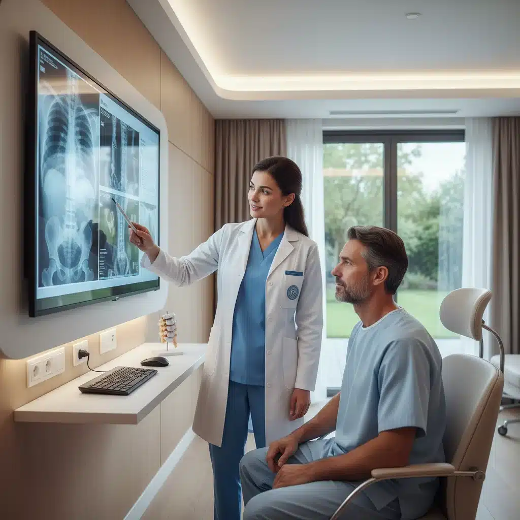 Profesional sanitario explicando una imagen médica a un paciente en una pantalla digital en una clínica moderna.