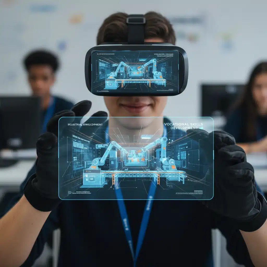 Estudiante utilizando gafas de realidad virtual para formación profesional, simulando entornos industriales complejos.