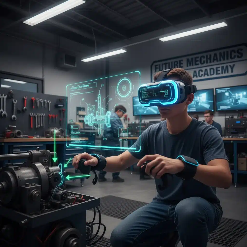 Estudiante de FP utilizando realidad virtual para prácticas en un entorno industrial simulado, aprendiendo tareas de mantenimiento.
