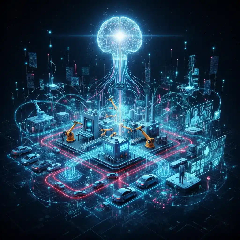 Red de dispositivos IoT e inteligencia artificial conectando diversas industrias y sectores económicos.