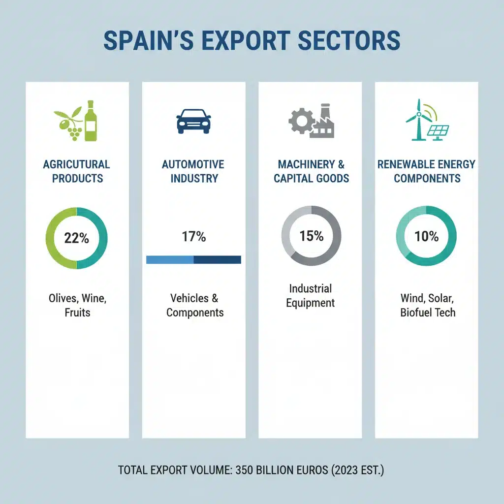 Infografía de los principales sectores exportadores de España: agricultura, automoción, maquinaria y energías renovables.