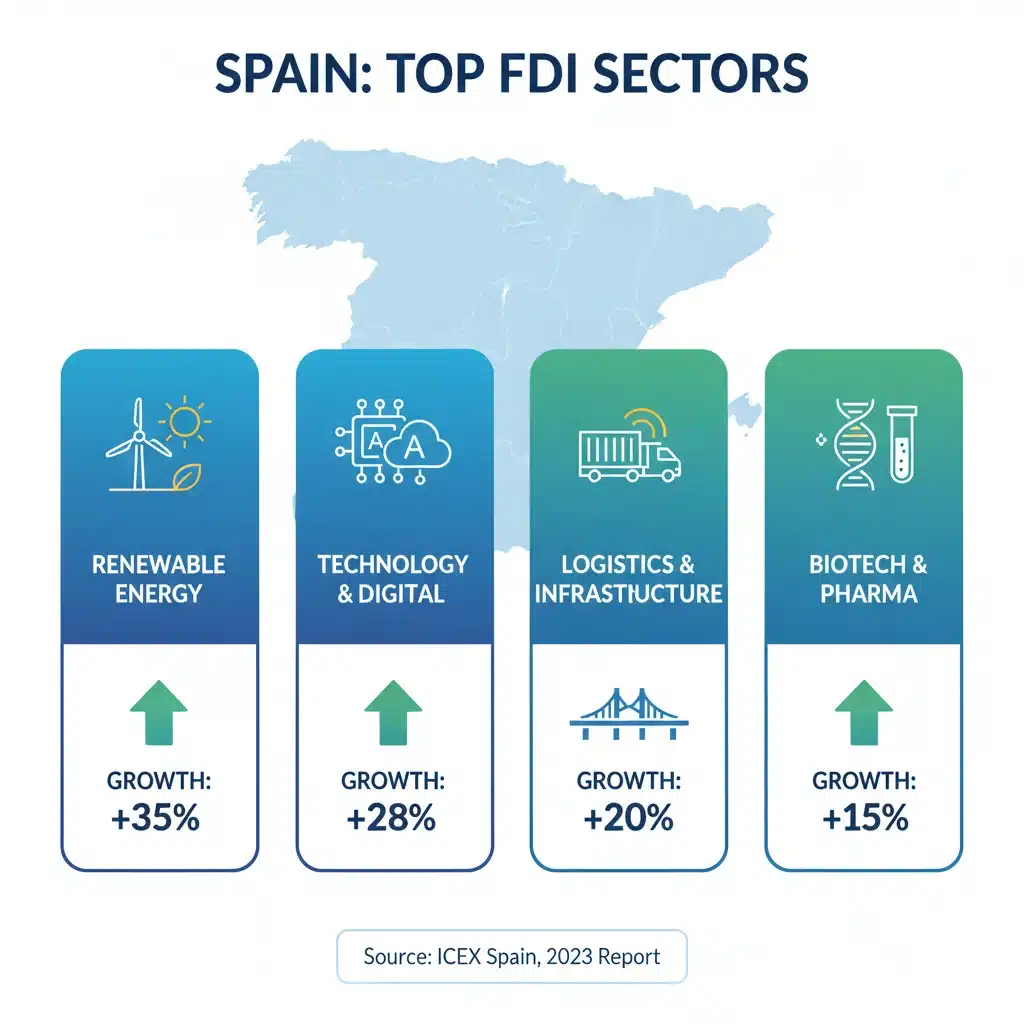 Infografía de sectores clave de inversión en España con crecimiento proyectado