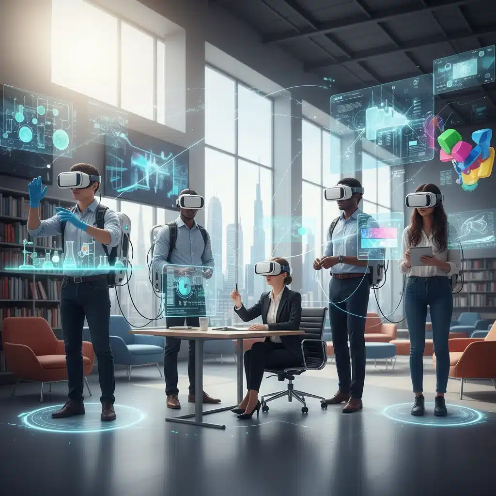 Estudiantes inmersos en una simulación de realidad virtual explorando diferentes entornos profesionales y carreras.