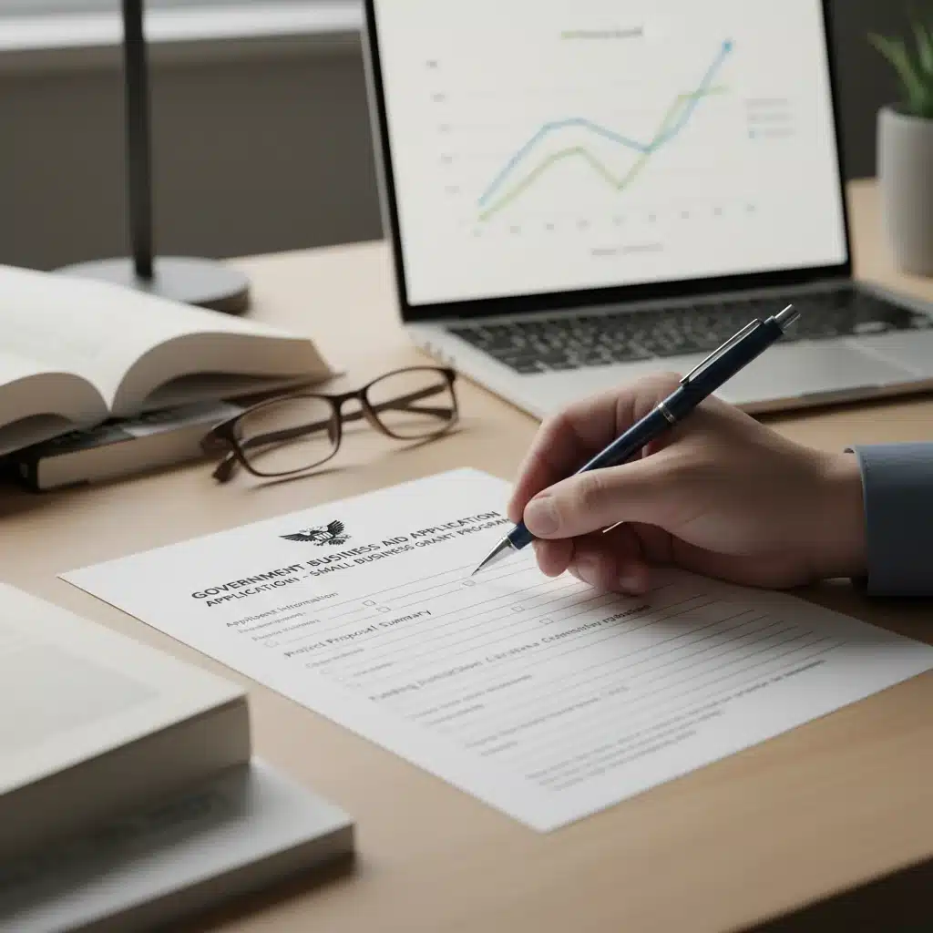 Mano rellenando un formulario de solicitud de subvención, con gráficos financieros de fondo.