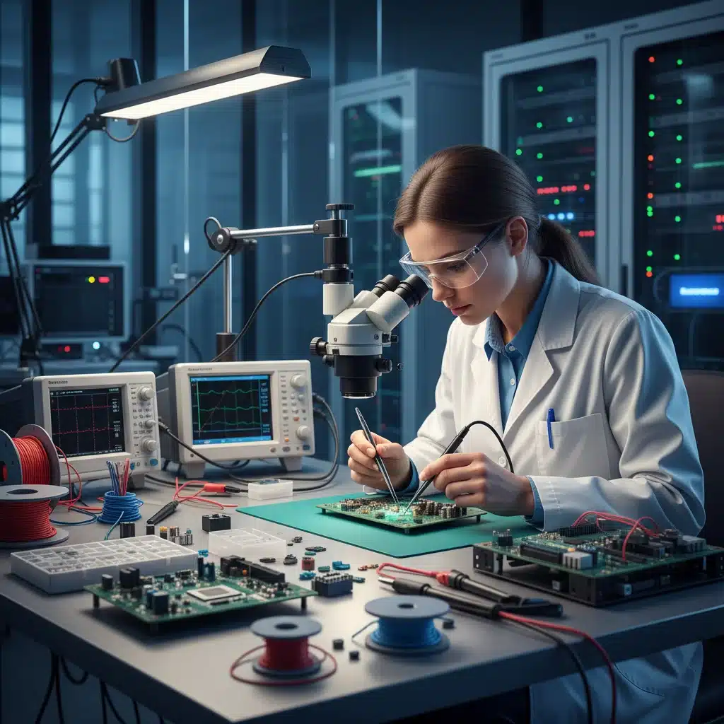 Técnico especializado en electrónica trabajando con componentes y herramientas de precisión en un laboratorio de alta tecnología.