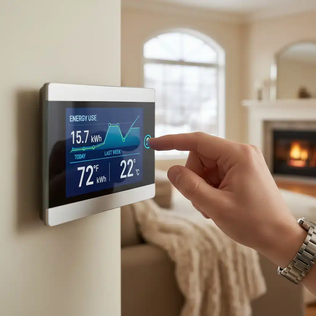 Termostato inteligente mostrando datos de consumo de energía en un salón acogedor.