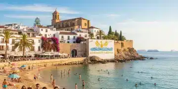 Paisaje costero español vibrante con turistas, simbolizando la recuperación y el crecimiento del turismo en 2026.