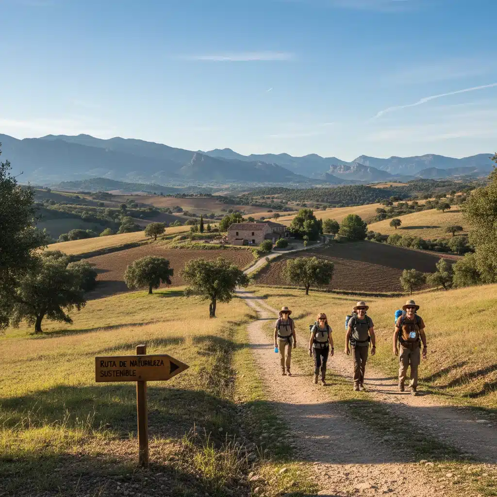 Senderistas en un paisaje rural español, destacando el turismo sostenible y de naturaleza.