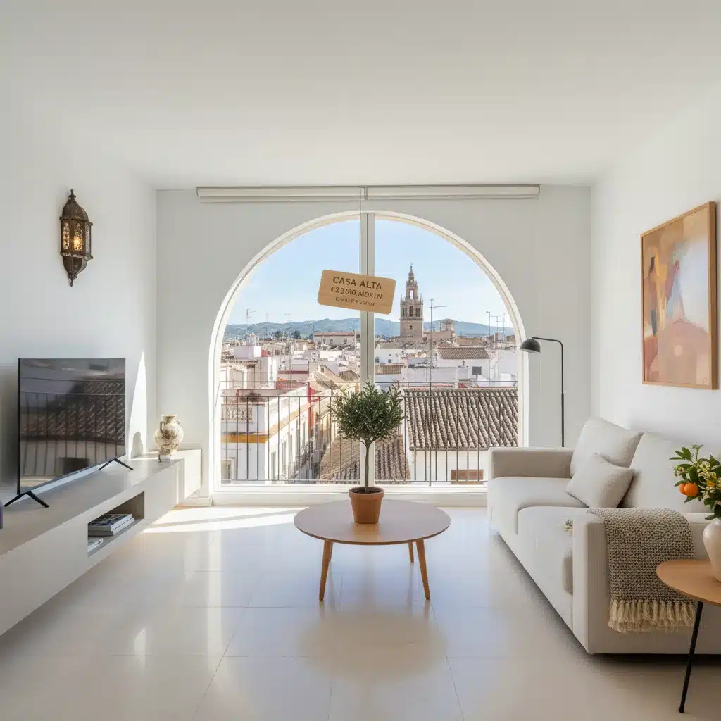 Interior de un moderno apartamento en una ciudad española, con sala de estar luminosa y vistas, simbolizando el coste de la vivienda.