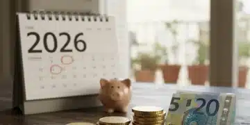 Monedas y billetes de euro apilados sobre una mesa, con un calendario de 2026 de fondo, simbolizando el ahorro a largo plazo.