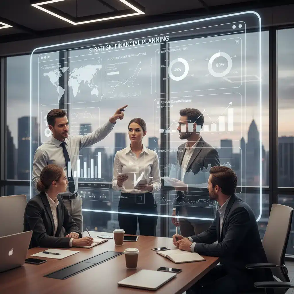 Equipo de inversores analizando datos financieros para estrategias de inversión a largo plazo.