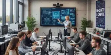 Estudiantes y profesor interactuando en un aula moderna de Formación Profesional, simbolizando el futuro de la educación y las nuevas regulaciones FP 2026.