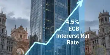 Edificio del Banco Central Europeo con gráfico de tipos de interés ascendente al 4,5% y la bandera española, simbolizando el impacto económico en España.