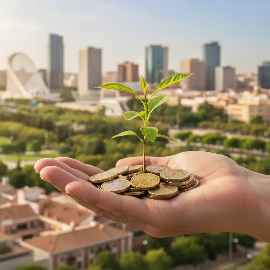 Crecimiento de ahorros e inversiones representado por una planta brotando de monedas en un contexto urbano español.