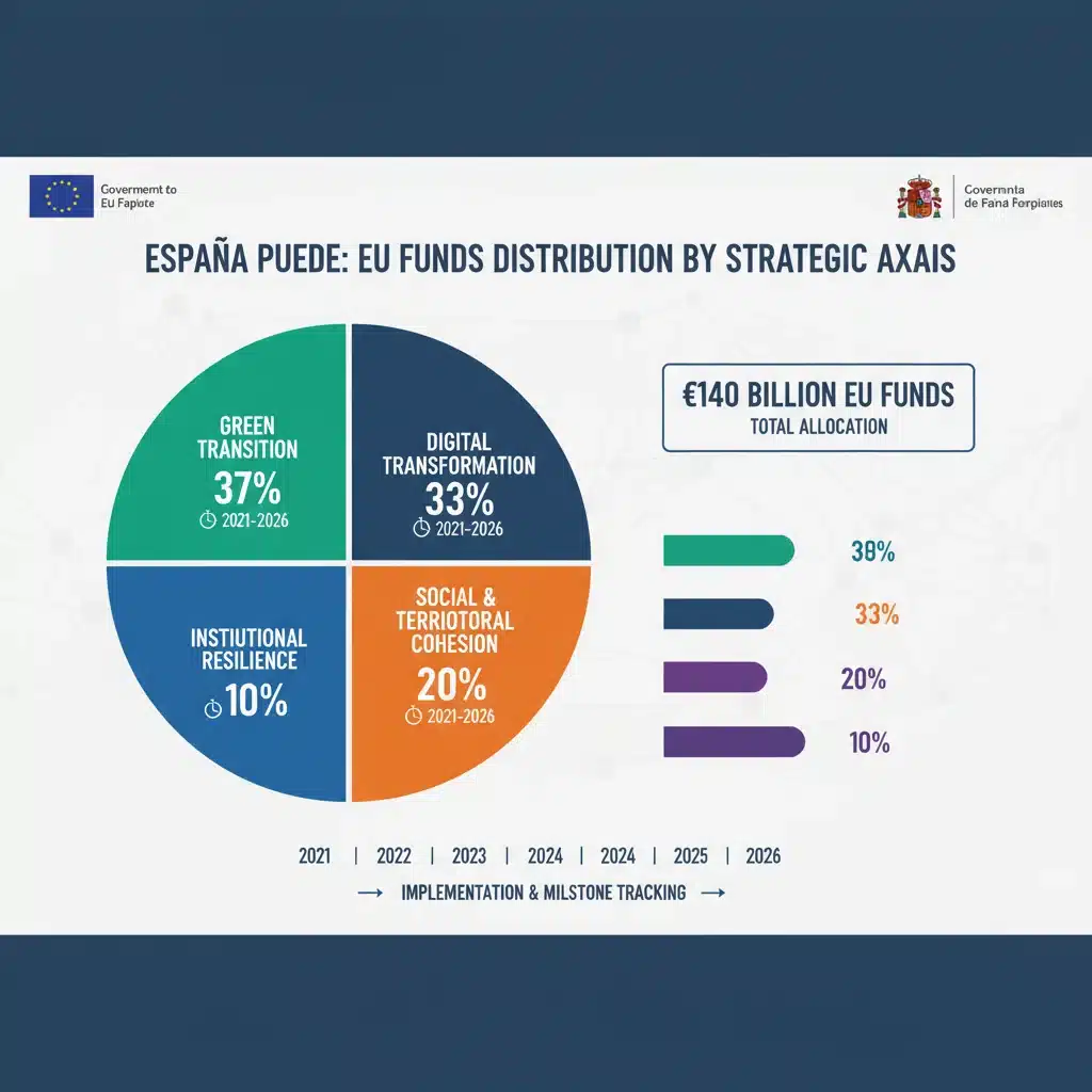 Gráfico de distribución de los 70.000 millones de euros de fondos europeos por ejes estratégicos del Plan de Recuperación.