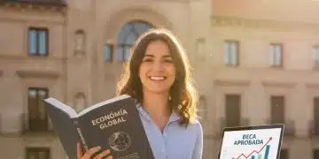 Estudiante feliz con libros y portátil, simbolizando el éxito académico con becas MEC.