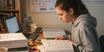 Estudiante concentrado preparándose para la EBAU 2026 con libros y apuntes