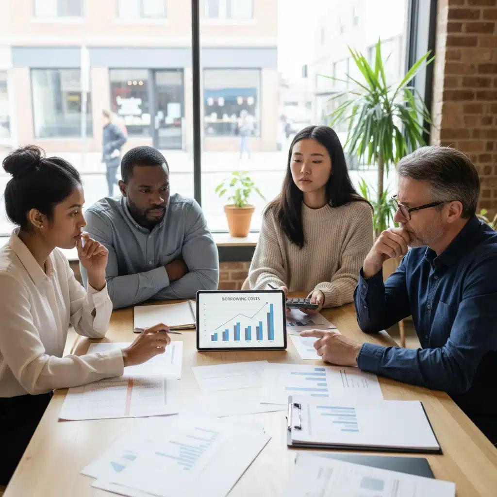 Emprendedores revisando documentos financieros con preocupación por el aumento de los costes de financiación empresarial.