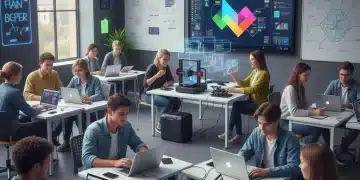 Estudiantes de Formación Profesional inmersos en un entorno de aprendizaje digital avanzado, utilizando tecnología para colaborar y desarrollar proyectos.